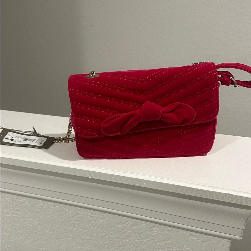 Fuchsia Pink (Hot Pink) Velvet Quilted Crossbody Bag with Bow